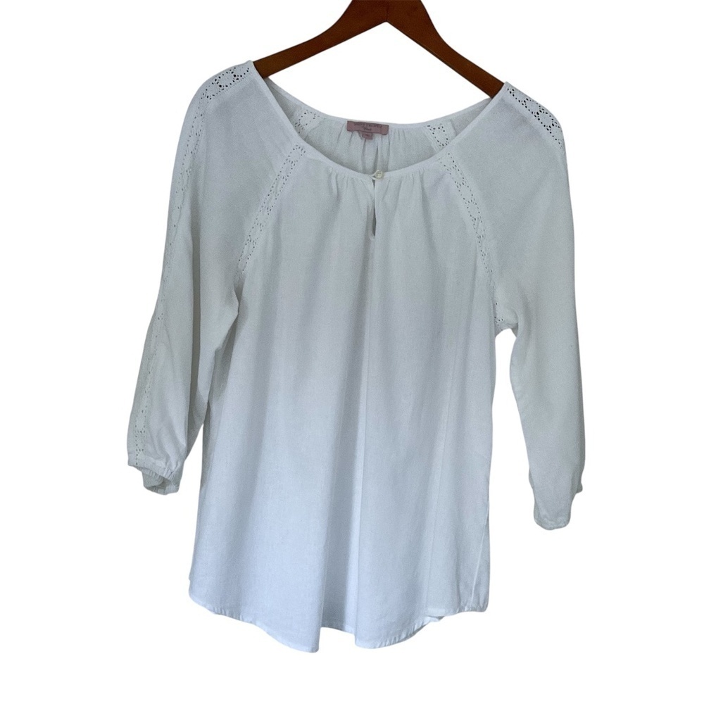 Saint Tropez West Blouse XL White Lace Keyhole Boho Cottagecore Peasant Summer
